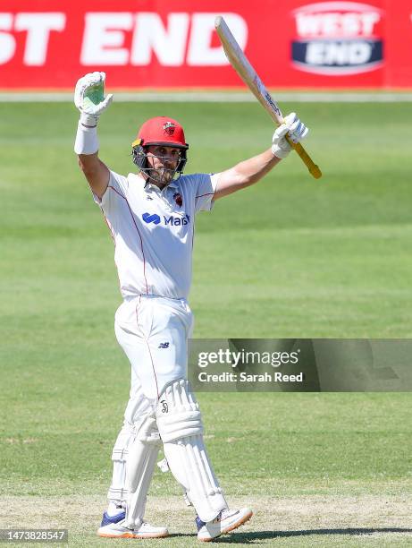 Jake Lehmann of the Redbacks celebrates his 100th run during the Sheffield Shield match between South Australia and New South Wales at Karen Rolton...