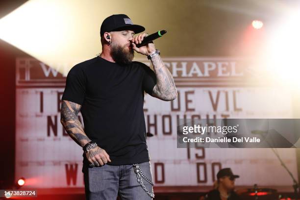 Brantley Gilbert joins Jelly Roll onstage at the New Faces of Country Music Dinner during CRS 2023 at Omni Nashville Hotel on March 15, 2023 in...