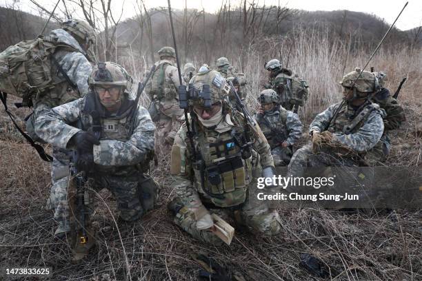 Soldiers from the 2nd Infantry Division participate in a joint Freedom Shield exercise with South Korean soldiers on March 16, 2023 in Paju, South...