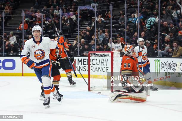 Pierre Engvall of the New York Islanders celebrates a goal during the second period against the Anaheim Ducks at Honda Center on March 15, 2023 in...