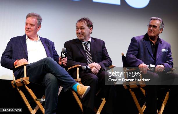 Rob Tapert, Sam Raimi and Bruce Campbell speak at the Q+A for the "Evil Dead Rise" premiere during 2023 SXSW Conference and Festivals at The...