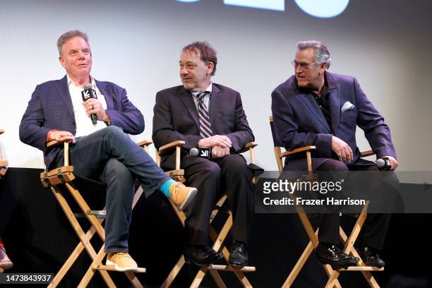 Rob Tapert, Sam Raimi and Bruce Campbell speak at the Q+A for the "Evil Dead Rise" premiere during 2023 SXSW Conference and Festivals at The...