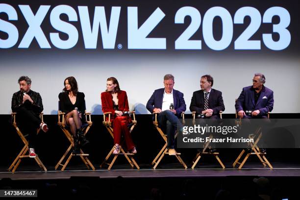 Lee Cronin, Lily Sullivan, Alyssa Sutherland, Rob Tapert, Sam Raimi and Bruce Campbell attend the Q+A for the "Evil Dead Rise" premiere during 2023...