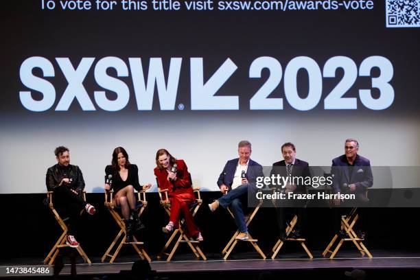 Lee Cronin, Lily Sullivan, Alyssa Sutherland, Rob Tapert, Sam Raimi and Bruce Campbell attend the Q+A for the "Evil Dead Rise" premiere during 2023...