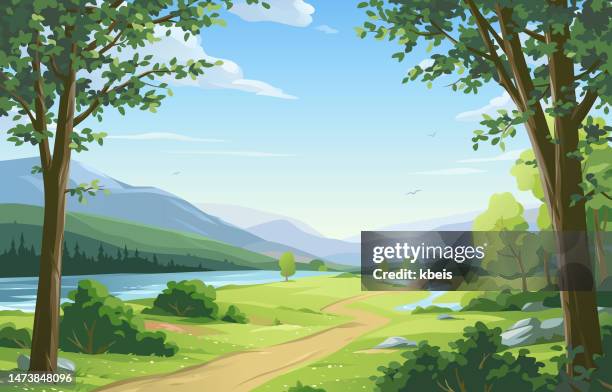 illustrazioni stock, clip art, cartoni animati e icone di tendenza di paesaggio idilliaco con sentiero - cartoon bridge