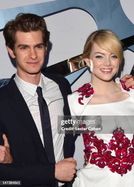 Actors Andrew Garfield and Emma Stone arrive at the Los Angeles premiere of "The Amazing Spiderman" at Regency Village Theatre on June 28, 2012 in...