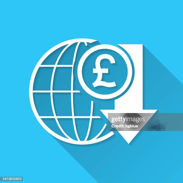 pound rate decrease. icon on blue background - flat design with long shadow - planets colliding stock illustrations