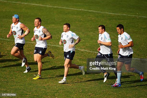 Todd Carney warms up during a New South Wales Blues State of Origin training session at WIN Jubilee Stadium on June 29, 2012 in Sydney, Australia.
