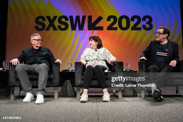 Bernard Sumner, Gillian Gilbert and Stephen Morris speak onstage at "Keynote: New Order" during the 2023 SXSW Conference and Festivals at Austin...