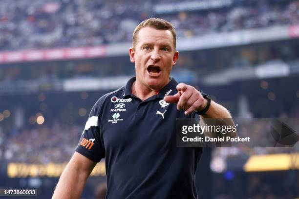 Blues head coach Michael Voss gestures during the round one AFL match between Richmond Tigers and Carlton Blues at Melbourne Cricket Ground, on March...