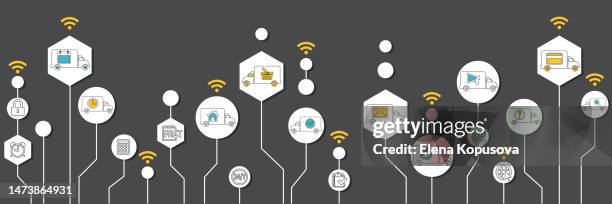 ilustraciones, imágenes clip art, dibujos animados e iconos de stock de envío rápido y concepto de comercio electrónico mundial en estilo plano. iconos de línea de entrega rápida con camiones sobre un fondo oscuro abstracto. - camión frigorífico