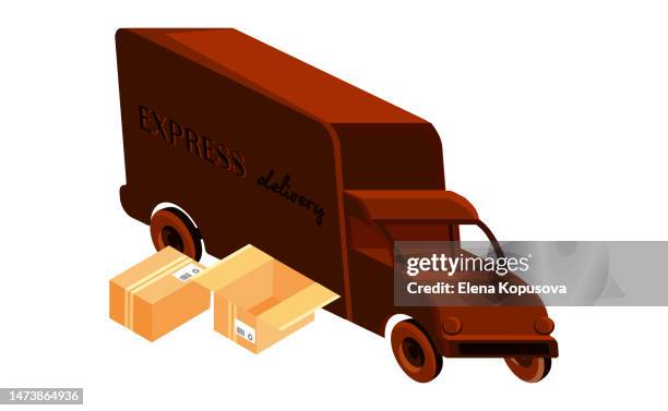 ilustraciones, imágenes clip art, dibujos animados e iconos de stock de entrega rápida en todo el mundo y concepto de comercio electrónico en estilo plano. camión con cajas sobre fondo blanco aislado. proyección isométrica. - camión frigorífico