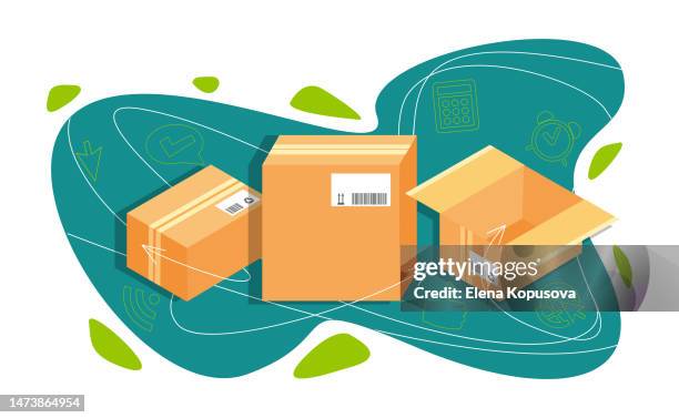 ilustraciones, imágenes clip art, dibujos animados e iconos de stock de entrega rápida y concepto de comercio electrónico mundial en estilo plano. cajas de cartón con iconos lineales sobre un fondo blanco abstracto. - camión frigorífico