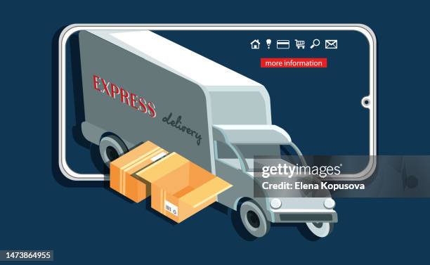 ilustraciones, imágenes clip art, dibujos animados e iconos de stock de entrega rápida y concepto de comercio electrónico mundial en estilo plano. camión con cajas y teléfono móvil sobre fondo de color. proyección isométrica. - camión frigorífico