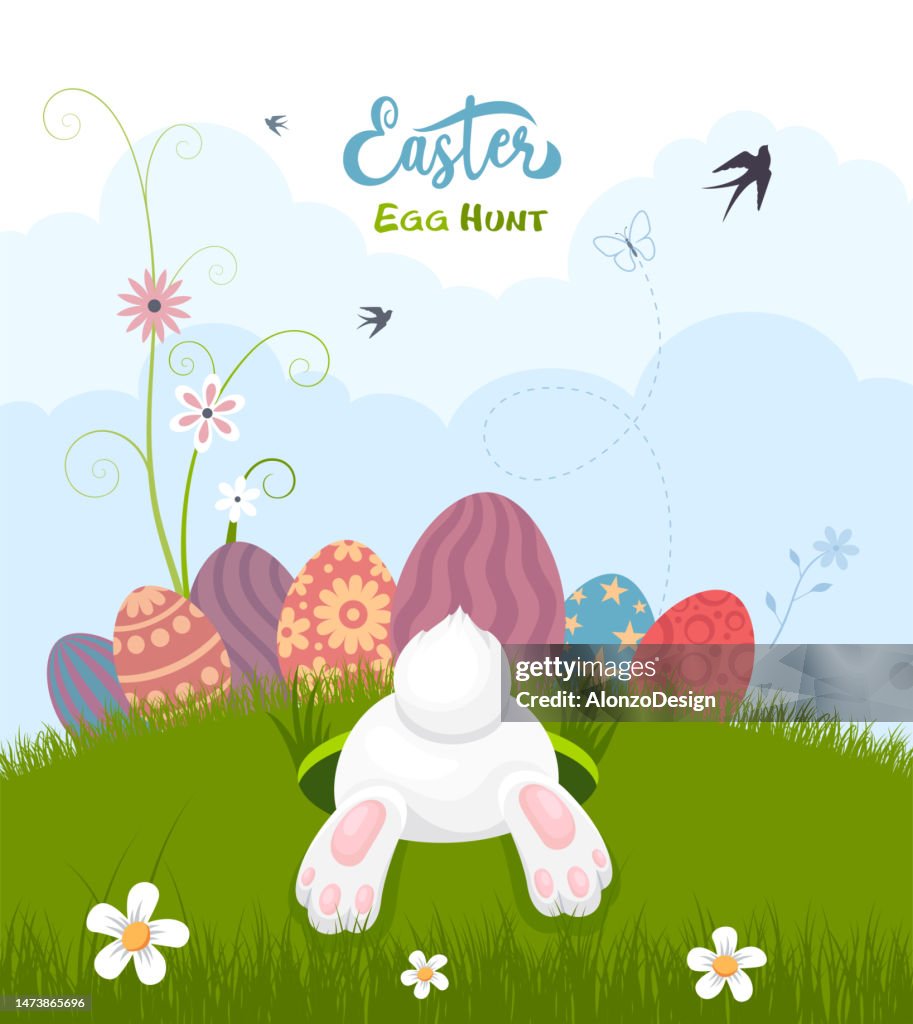 Chasse aux œufs de Pâques. Lapin de Pâques sautant dans le trou.
