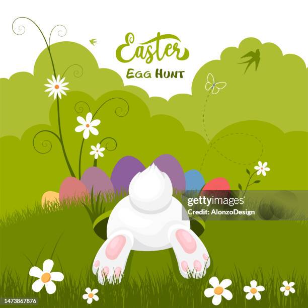 easter egg hunt poster. easter bunny jumping in the hole. - wild card 幅插畫檔、美工圖案、卡通及圖標