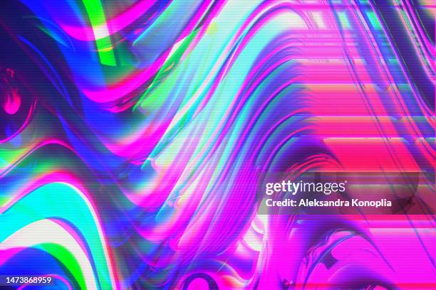 abstract interlaced digital distorted glitched magenta pink, green, purple, blue neon rainbow wavy background - techno background stock-fotos und bilder