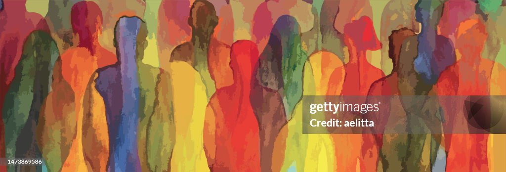 Vector illustration of an aquarelle - silhouettes. Unrecognizable portraits of women and men. Group of people.
