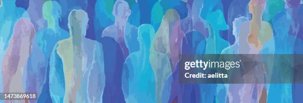 vector illustration of an aquarelle - silhouettes. unrecognizable portraits of women and men. group of people. - dark blue watercolor stock illustrations