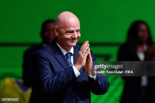 Gianni Infantino, President of FIFA acknowledges the delegates after being elected as FIFA President for the 2023-2027 term during the 73rd FIFA...