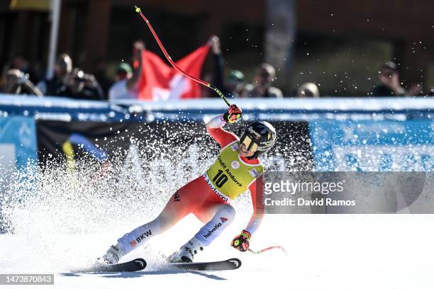 Lara Gut-Behrami of Switzerland reacts after crossing the finish line in the Women's Super G during the Audi FIS Alpine Ski World Cup Finals on March...