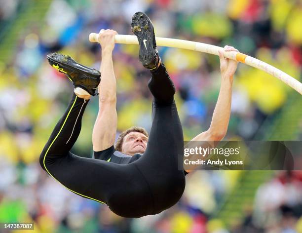 Brad Walker vaults his way to victory in the Men's Pole Vault on day seven of the 2012 U.S. Olympic Track and Field Team Trials at Hayward Field on...