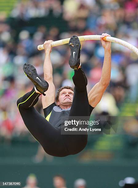 Brad Walker vaults his way to victory in the Men's Pole Vault on day seven of the 2012 U.S. Olympic Track and Field Team Trials at Hayward Field on...