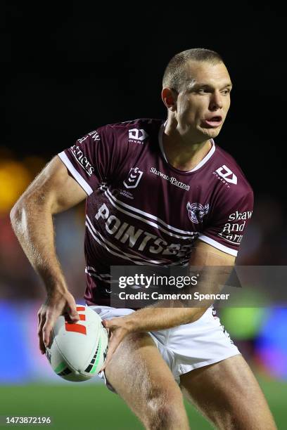 Tom Trbojevic of the Sea Eagles offloads the ball during the round three NRL match between Manly Sea Eagles and Parramatta Eels at 4 Pines Park on...