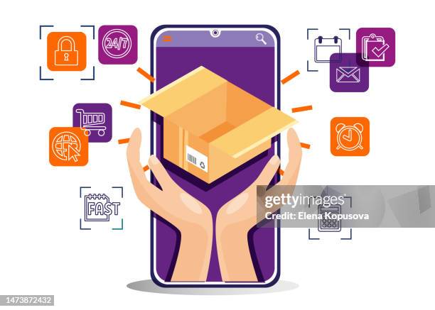 fast shipping and worldwide e-commerce concept in flat style. hands with a cardboard box and a mobile phone on a white background with linear icons of delivery. - hand flat white background stock illustrations