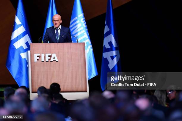 Pierluigi Collina speaks during the 73rd FIFA Congress 2023 on March 16, 2023 in Kigali, Rwanda.