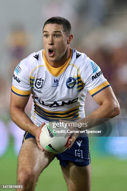 Mitchell Moses of the Eels offloads the ball during the round three NRL match between Manly Sea Eagles and Parramatta Eels at 4 Pines Park on March...