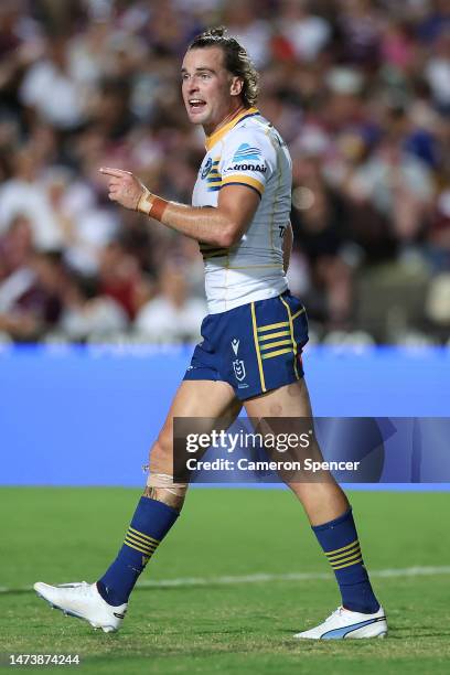 Clint Gutherson of the Eels reacts during the round three NRL match between Manly Sea Eagles and Parramatta Eels at 4 Pines Park on March 16, 2023 in...