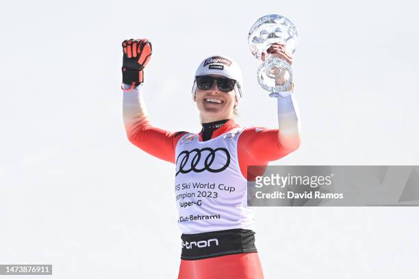 Women's Super-G World Cup Winner, Lara Gut-Behrami of Switzerland celebrates with the crystal globe after competing in the Women's Super G during the...