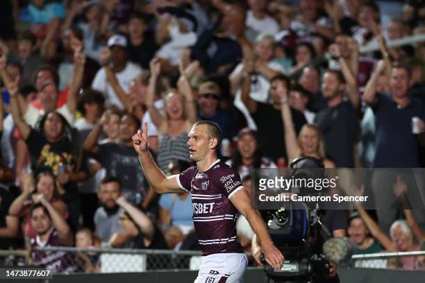Tom Trbojevic of the Sea Eagles celebrates after scoring a try during the round three NRL match between Manly Sea Eagles and Parramatta Eels at 4...