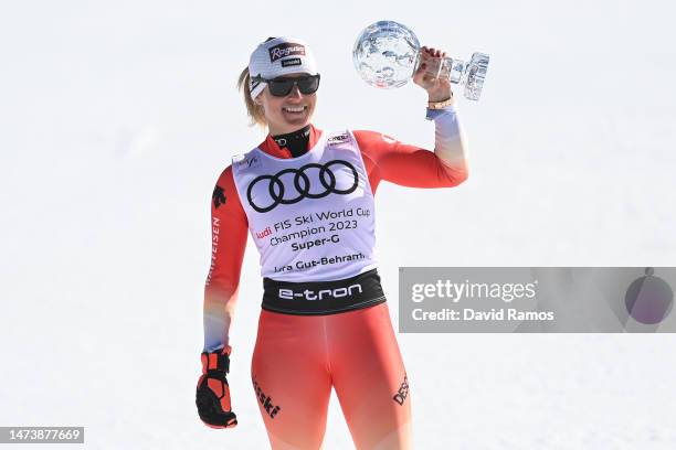 Women's Super-G World Cup Winner, Lara Gut-Behrami of Switzerland celebrates with the crystal globe after competing in the Women's Super G during the...