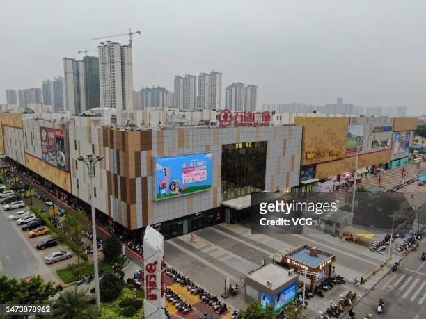 Aerial view of the exterior of Wanda Plaza shopping mall on March 15, 2023 in Yulin, Guangxi Zhuang Autonomous Region of China.