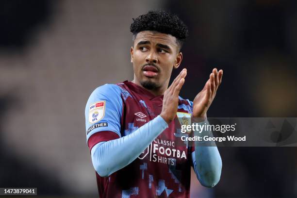 Ian Maatsen of Burnley applauds the fans following the Sky Bet Championship between Hull City and Burnley at MKM Stadium on March 15, 2023 in Hull,...