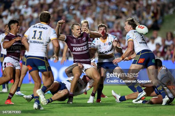 Tom Trbojevic of the Sea Eagles loses the ball during the round three NRL match between Manly Sea Eagles and Parramatta Eels at 4 Pines Park on March...