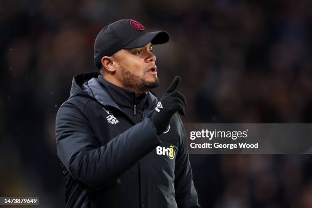 Vincent Kompany, Manager of Burnley, reacts during the Sky Bet Championship between Hull City and Burnley at MKM Stadium on March 15, 2023 in Hull,...