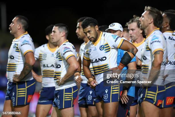 Mitchell Moses and Waqa Blake of the Eels look on after a Sea Eagles try during the round three NRL match between Manly Sea Eagles and Parramatta...