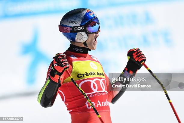 Marco Odermatt of Switzerland celebrates after crossing the finish line in the Men's Super G during the Audi FIS Alpine Ski World Cup Finals on March...