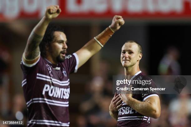 Daly Cherry-Evans and Josh Aloiai of the Sea Eagles celebrate winning the round three NRL match between Manly Sea Eagles and Parramatta Eels at 4...