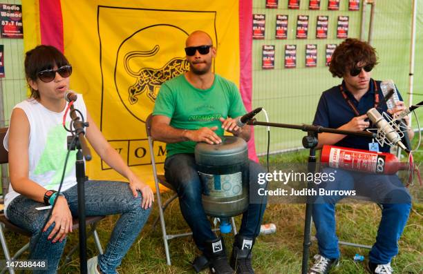 Colombian electro band Bomba Estéreo on Radio Womad, UK, 20th July 2011. From left to right, they are singer Liliana Saumet, percussionist Kike...