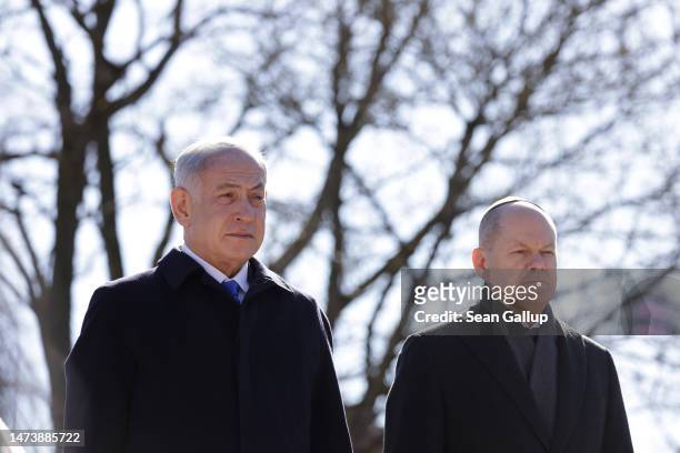 German Chancellor Olaf Scholz and Israeli Prime Minister Benjamin Netanyahu visit the Gleis 17 memorial, which commemorates Berlin Jews deported by...