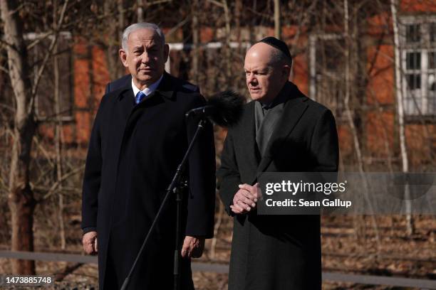 German Chancellor Olaf Scholz and Israeli Prime Minister Benjamin Netanyahu visit the Gleis 17 memorial, which commemorates Berlin Jews deported by...