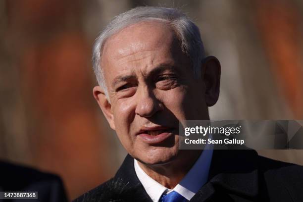 Israeli Prime Minister Benjamin Netanyahu and German Chancellor Olaf Scholz visit the Gleis 17 memorial, which commemorates Berlin Jews deported by...