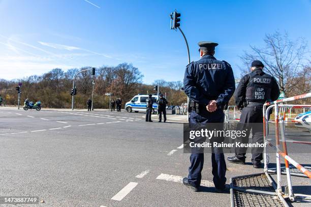 The surroundings of the Chancellery, the Regierungsviertel, is heavily secured during the visit of Benjamin Netanyahu on March 16, 2023 in Berlin....