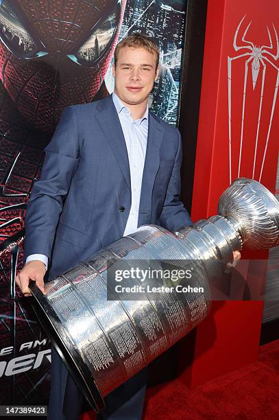 Player Dustin Brown of the Los Angeles Kings arrives at the Los Angeles premiere of "The Amazing Spiderman" at Regency Village Theatre on June 28,...