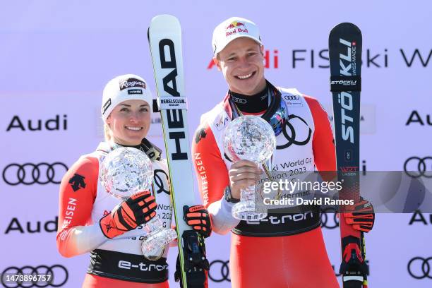 Audi FIS Alpine Ski World Cup 2023 Super G Discipline Women's Champion, Lara Gut-Behrami of Switzerland and Men's Champion, Marco Odermatt of...