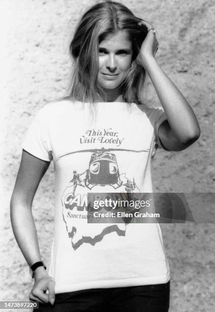 Portrait of American actor Candice Bergen with Cambodia T-Shirt, Beverly Hills, California, 1971.